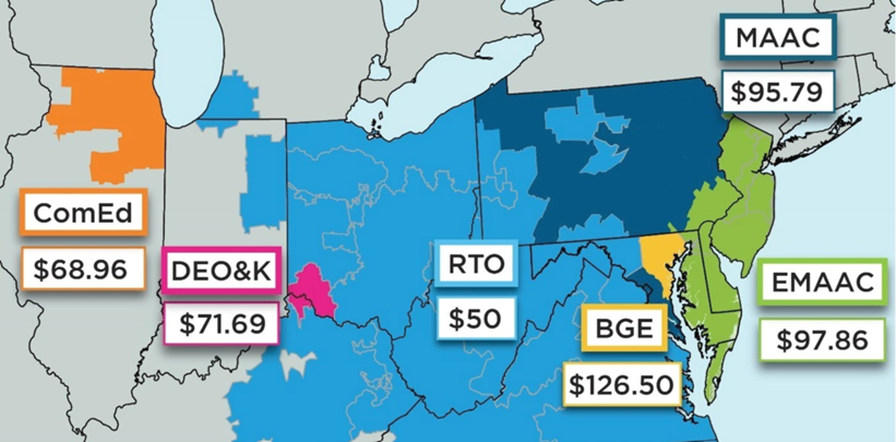 PJM Map of areas that cleared above $50 per MW/day