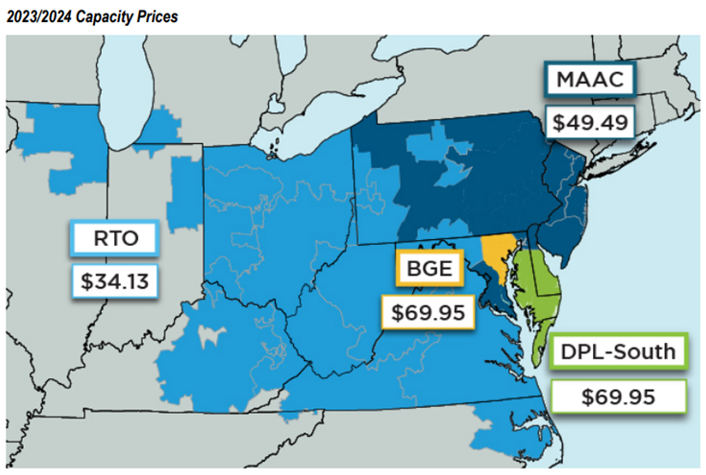 PJM Capacity Prices for the June 2023 to May 2024 Delivery Year