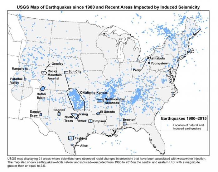 USGS Map of Earthquakes since 1980 and Recent Areas Impacted by Induced Seismicity