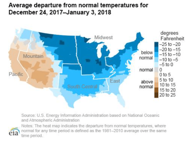 Average departure from normal temperatures for December 24, 2017