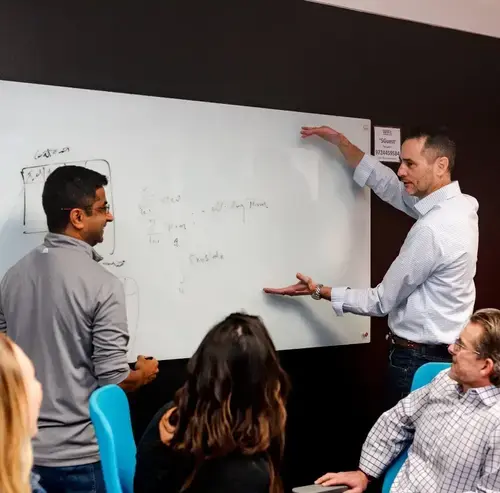 Team meeting in an office, discussing ideas on a whiteboard